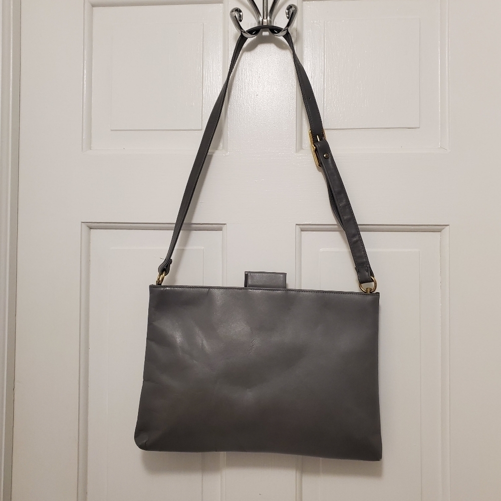 Vintage Ruth E. Saltz Gray Leather Purse Shoulder Bag with Cougar Pull Open - Picture 3 of 10